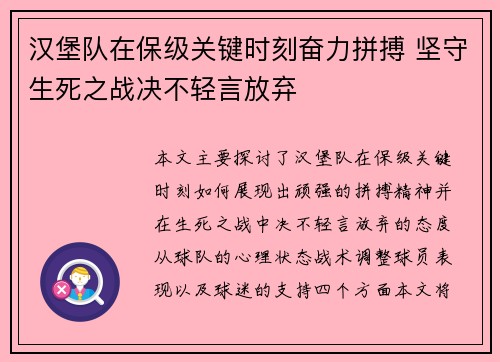 汉堡队在保级关键时刻奋力拼搏 坚守生死之战决不轻言放弃 汉堡队在保级关键时刻奋力拼搏 坚守生死之战决不轻言放弃